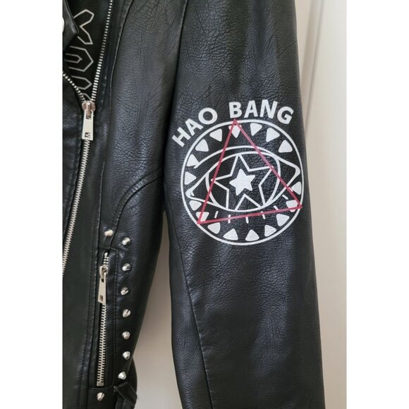BLUE B Black Vegan Leather Graffiti Punk Moto Jacket w/Studded Accents Size S - Picture 10 of 13